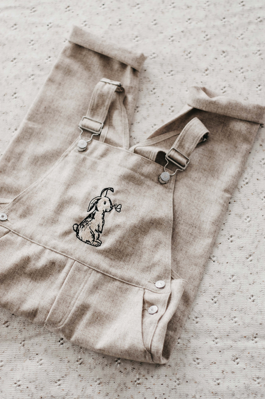 LINEN OVERALLS EMBROIDERY BUNNY | OATMEAL