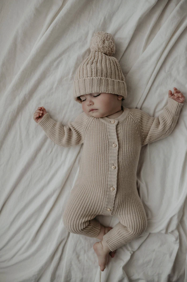 KNITTED HEIRLOOM ROMPER | ALMOND