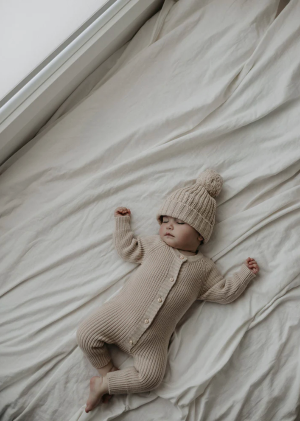 KNITTED HEIRLOOM ROMPER | ALMOND