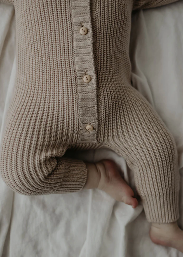 KNITTED HEIRLOOM ROMPER | ALMOND